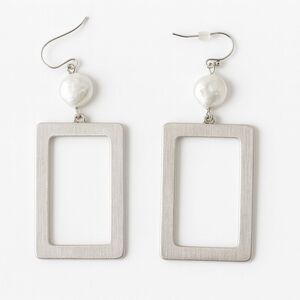 Project Brushed Silver Tone Metal Rectangle Dangle Earrings Plastic Faux Pearl